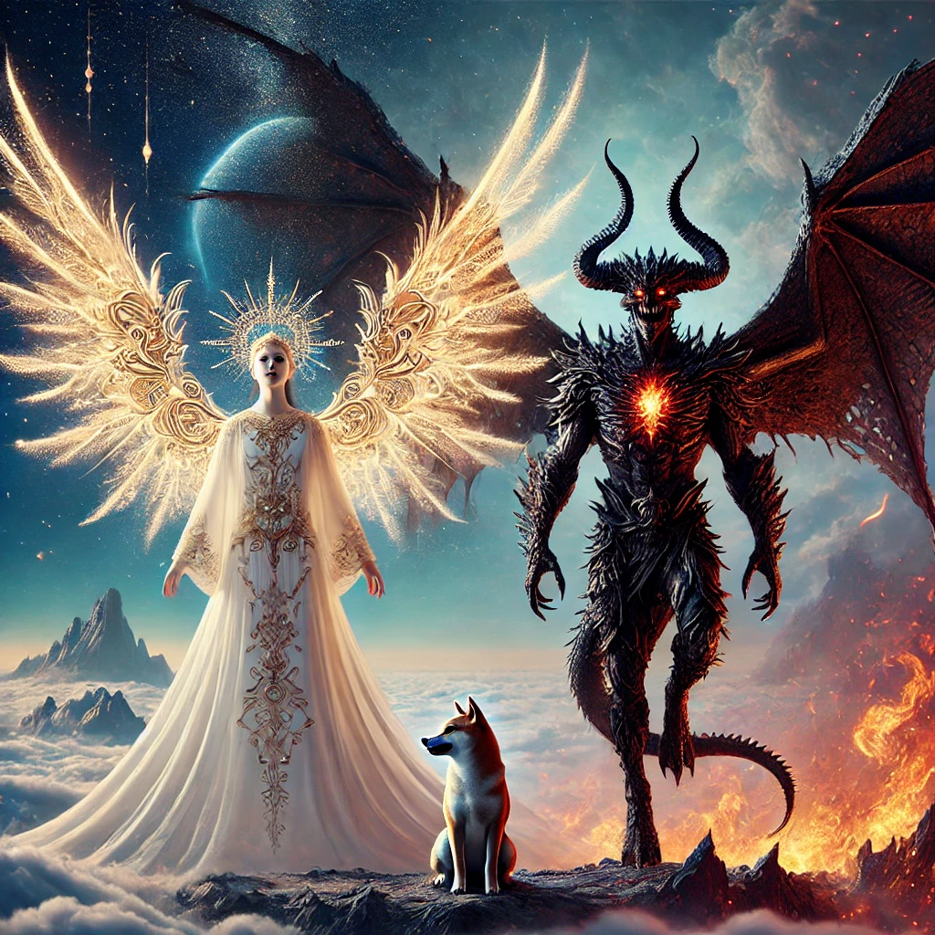 DALL·E-2024-11-16-23.59.14-A-hyper-realistic-illustration-of-Lucifer-and-Satan-standing-back-to-back.-Lucifer-is-depicted-as-an-androgynous-radiant-figure-with-12-glowing-ethe ルシファーとサタンWith柴犬：堕天使とドラゴンの伝説、神話から現代まで