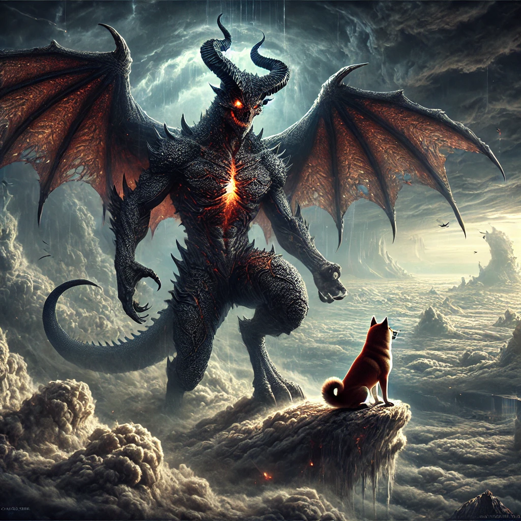 DALL·E-2024-11-17-00.11.40-A-hyper-realistic-illustration-of-Satan-in-a-dragon-like-form-standing-majestically-on-swirling-clouds-overlooking-a-vast-ominous-landscape-below.-S ルシファーとサタンWith柴犬：堕天使とドラゴンの伝説、神話から現代まで