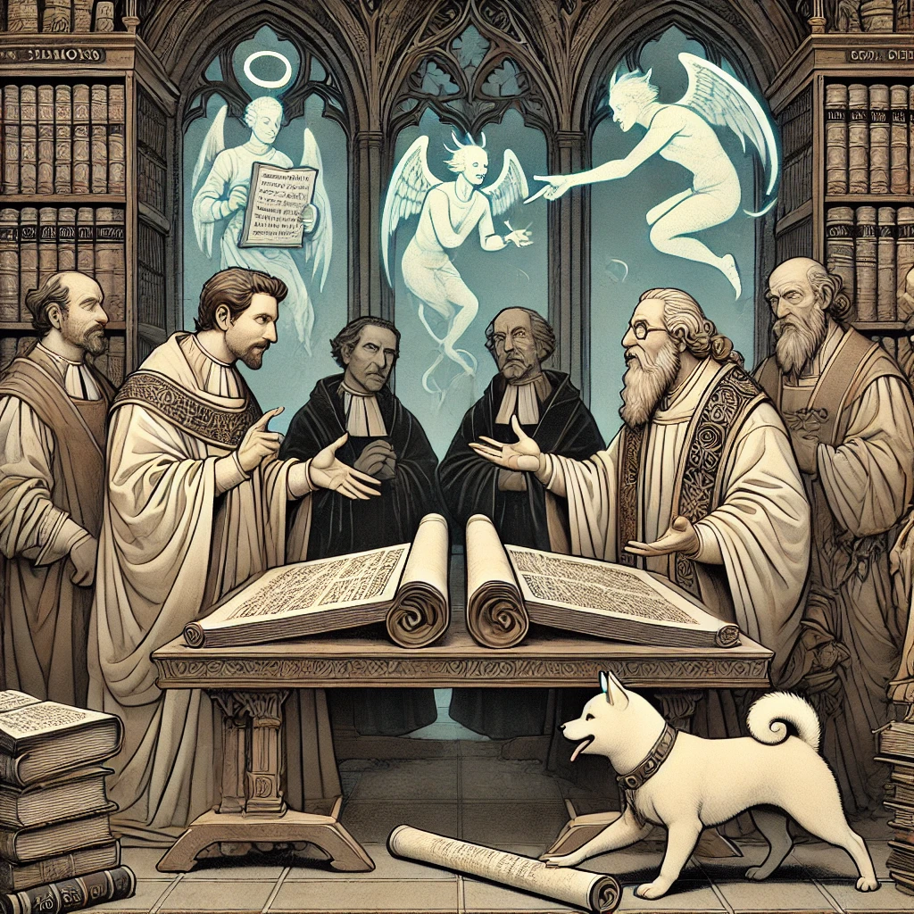 DALL·E-2024-11-17-00.15.00-An-illustration-of-medieval-theologians-debating-the-identities-of-Lucifer-and-Satan-set-in-a-gothic-style-library.-The-style-matches-the-72-demons-p ルシファーとサタンWith柴犬：堕天使とドラゴンの伝説、神話から現代まで