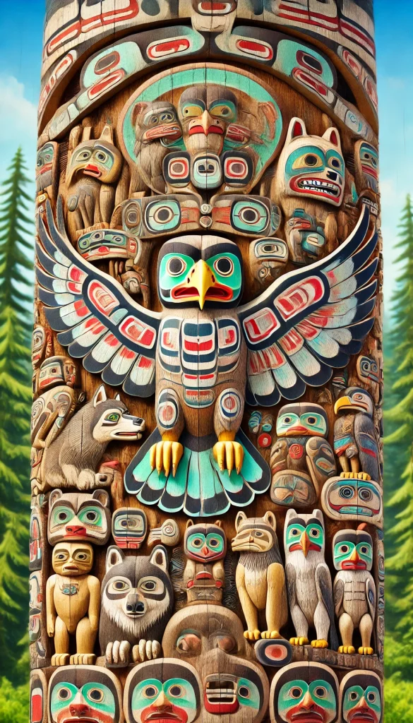 DALL·E-2024-11-17-02.30.51-A-depiction-of-a-traditional-Native-American-totem-pole-featuring-the-Thunderbird-with-intricate-carvings-and-vibrant-colors.-The-Thunderbird-is-posi-585x1024 サンダーバードの伝説：北アメリカ先住民の神話に登場する雷と嵐を操る守護者