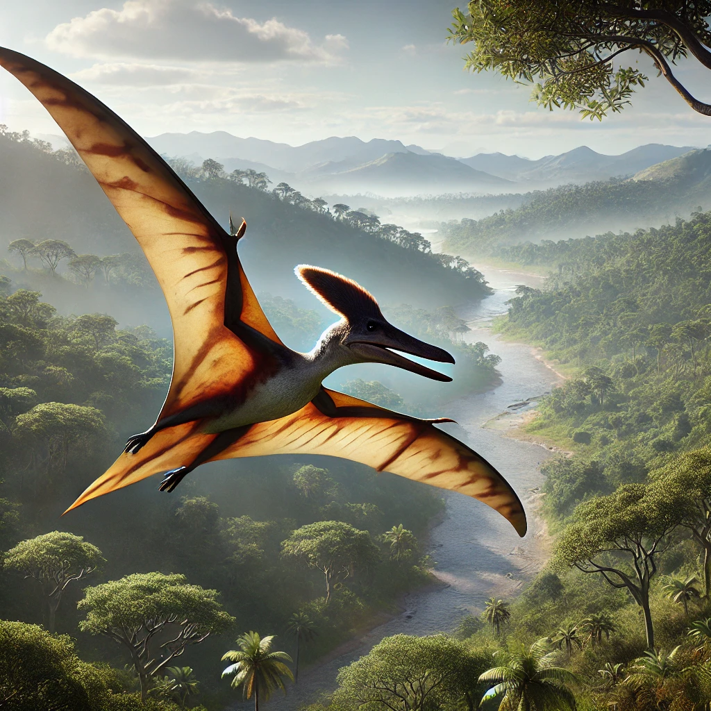 DALL·E-2024-11-17-02.40.29-A-realistic-depiction-of-a-generic-pterosaur-a-prehistoric-flying-reptile.-The-pterosaur-is-shown-with-large-membranous-wings-a-long-beak-and-a-cre サンダーバードの伝説：北アメリカ先住民の神話に登場する雷と嵐を操る守護者