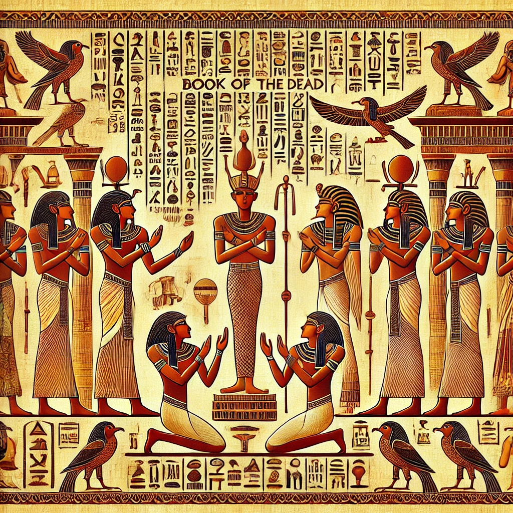 DALL·E-2024-11-18-00.14.02-Illustration-inspired-by-Ancient-Egyptian-Book-of-the-Dead-depicting-a-ceremonial-scene-where-the-deceased-person-interacts-with-ancient-Egyptian-g 死者の書とは？古代エジプトの死後の世界と日本の閻魔大王を比較解説、両者の死生観の違いとは？