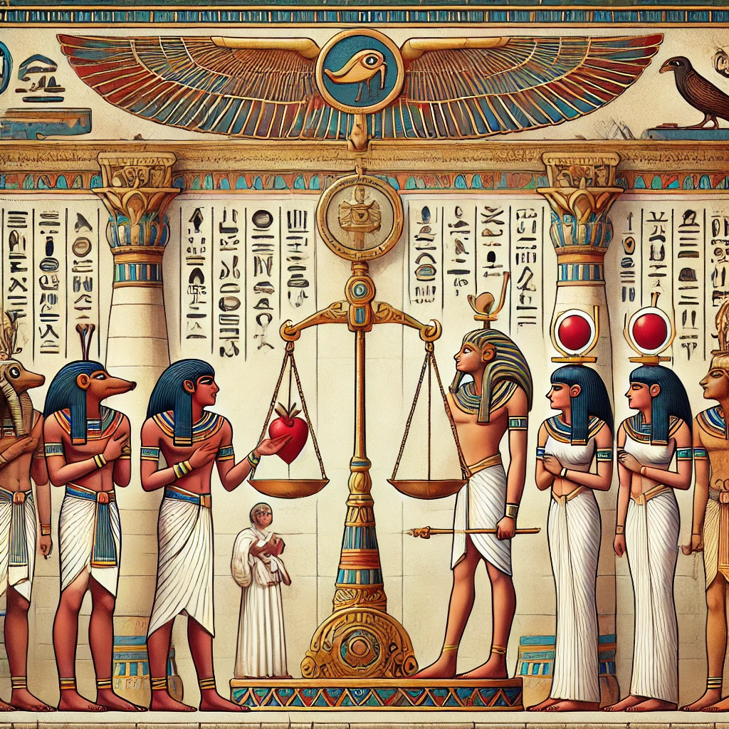 DALL·E-2024-11-18-00.14.26-Illustration-inspired-by-Ancient-Egyptian-Book-of-the-Dead-depicting-the-weighing-of-the-heart-ceremony.-The-scene-shows-the-deceased-person-standi 死者の書とは？古代エジプトの死後の世界と日本の閻魔大王を比較解説、両者の死生観の違いとは？