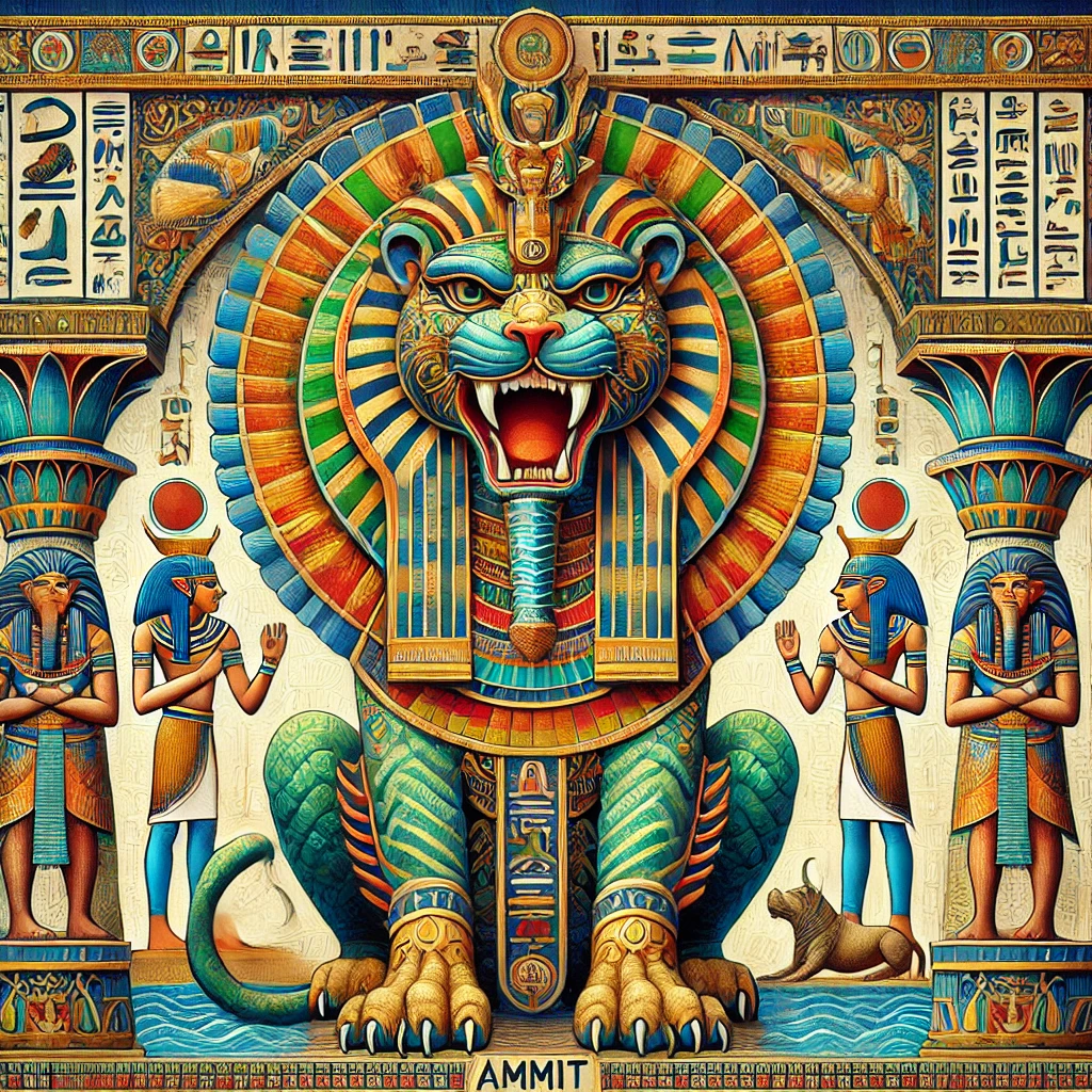 DALL·E-2024-11-18-00.16.29-A-highly-detailed-and-colorful-illustration-of-Ammit-the-ancient-Egyptian-demoness-depicted-as-a-creature-with-the-head-of-a-crocodile-the-front-bod 死者の書とは？古代エジプトの死後の世界と日本の閻魔大王を比較解説、両者の死生観の違いとは？