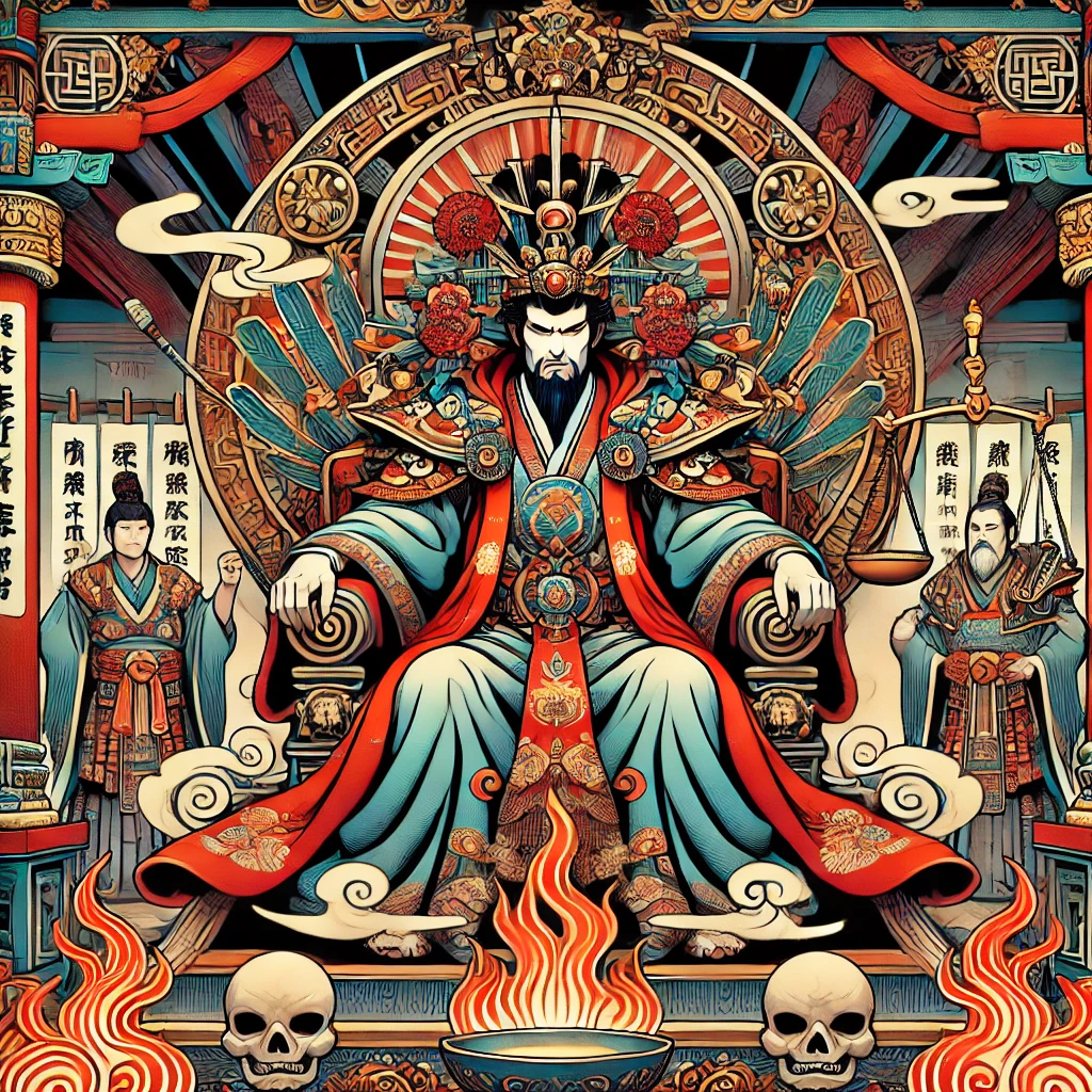 DALL·E-2024-11-18-00.18.01-A-traditional-Japanese-inspired-illustration-of-Enma-Daiou-King-Enma-the-ruler-of-the-underworld-depicted-as-a-stern-yet-majestic-figure-seated-on 死者の書とは？古代エジプトの死後の世界と日本の閻魔大王を比較解説、両者の死生観の違いとは？