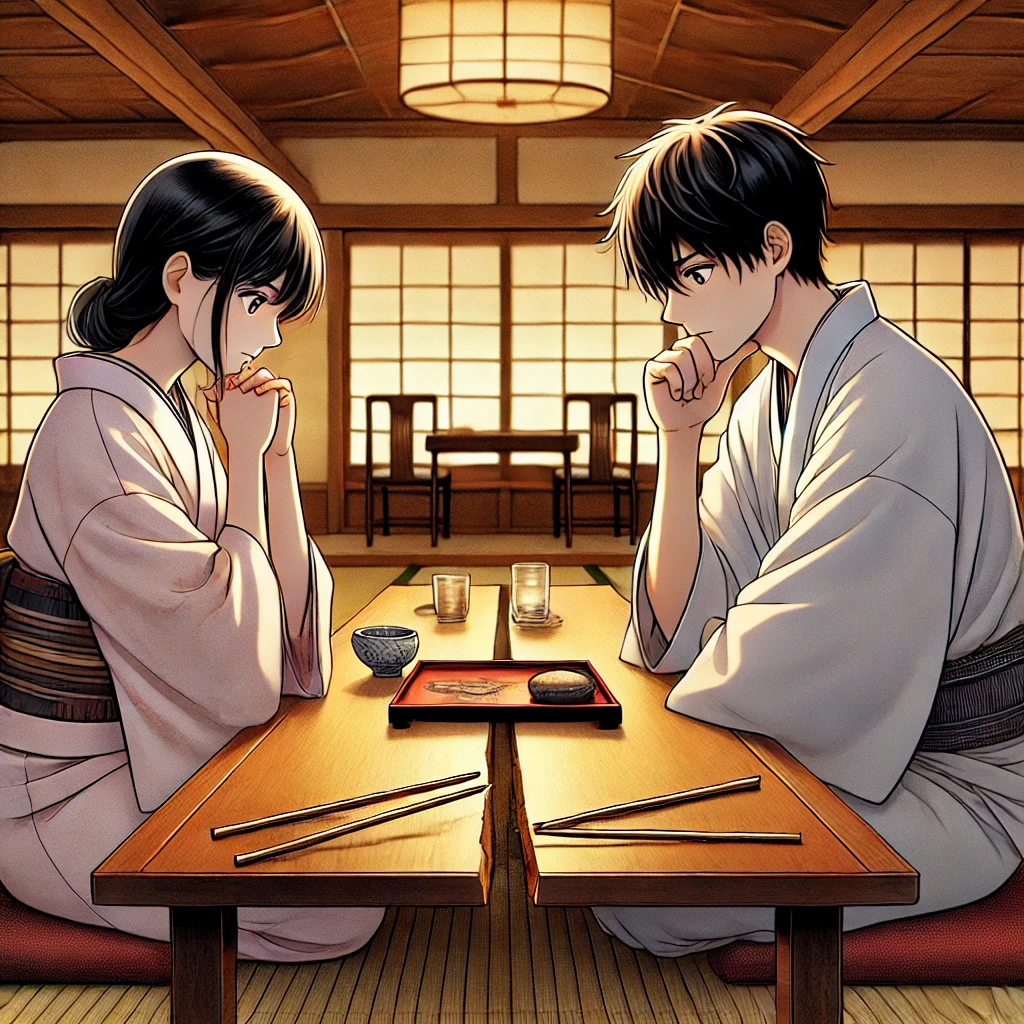 DALL·E-2024-11-19-19.11.34-A-Japanese-anime-style-illustration-for-the-story-ふたりの箸-Two-Chopsticks.-The-image-shows-a-married-couple-sitting-across-a-low-wooden-dining-table 夫婦間、彼氏・彼女との不満を解消？仲直りしたい人は必見！昔話に隠されたヒントとリマインダー効果の使い方