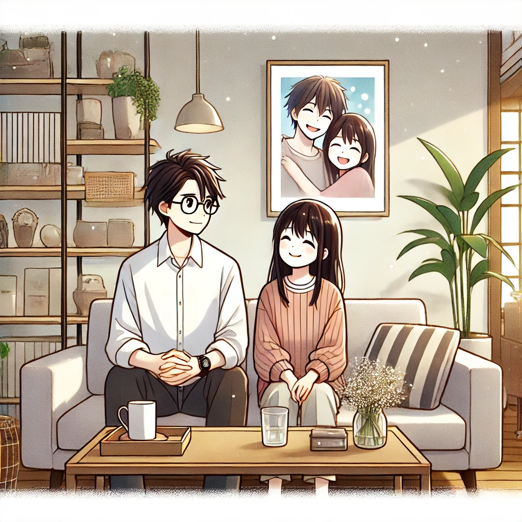 DALL·E-2024-11-19-19.31.39-A-Japanese-anime-style-illustration-of-a-modern-day-couple-sitting-together-on-a-cozy-sofa-having-reconciled-after-an-argument.-They-smile-warmly-at- 夫婦間、彼氏・彼女との不満を解消？仲直りしたい人は必見！昔話に隠されたヒントとリマインダー効果の使い方