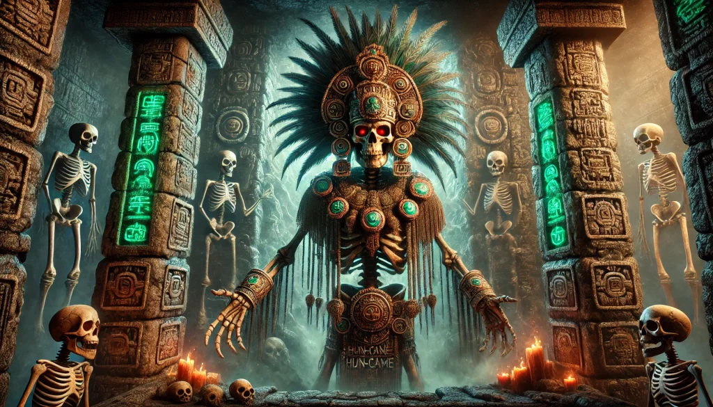 DALL·E-2024-11-20-20.01.42-A-wide-depiction-of-Hun-Came-one-of-the-rulers-of-Xibalba-in-Mayan-mythology.-He-is-portrayed-as-a-skeletal-figure-adorned-in-intricate-Mayan-ceremon-1024x585 マヤ神話④：フンフンアフプーとヴクブ・フンアフプーの物語：双子たちの使命の始まり