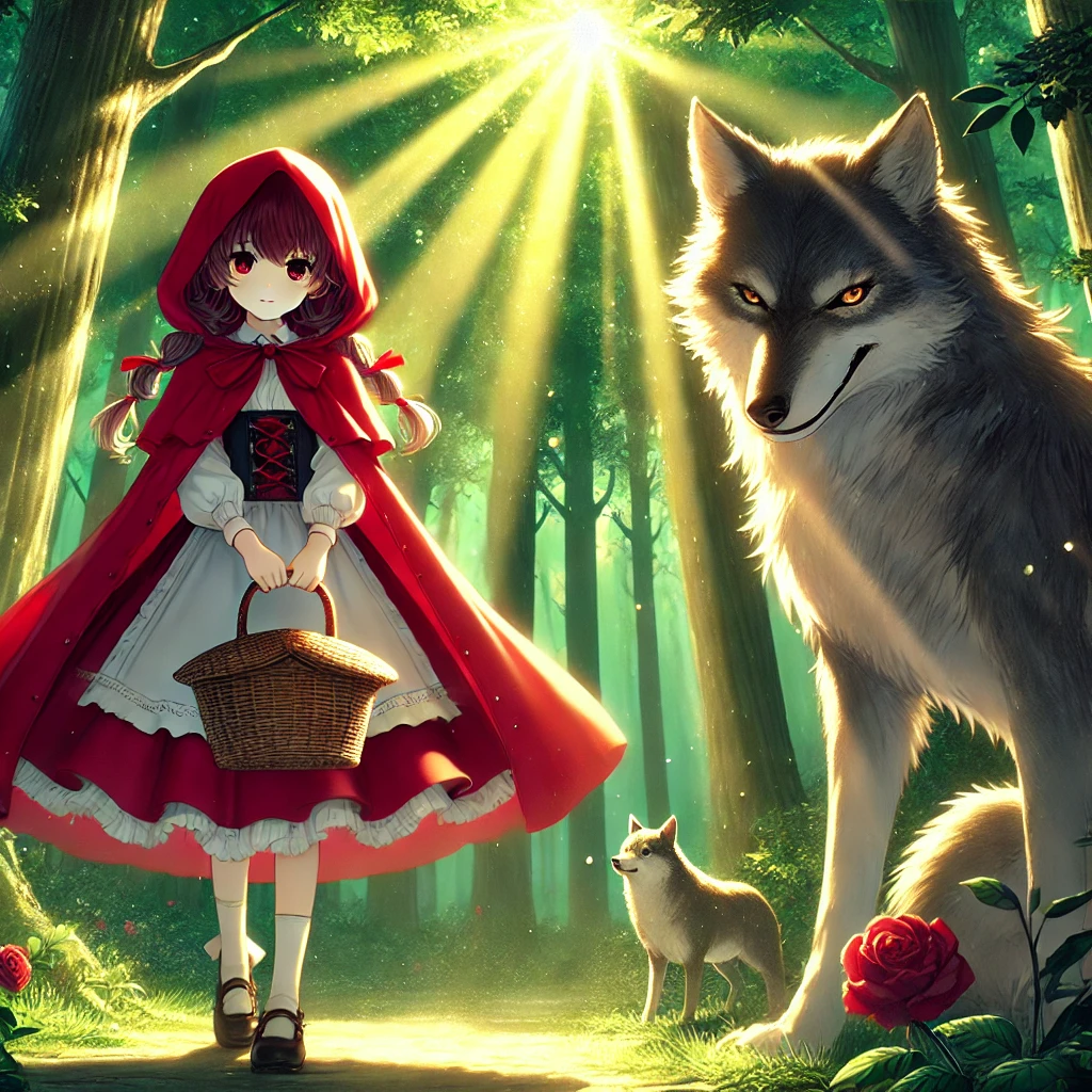 DALL·E-2024-11-21-03.27.15-A-tense-and-beautifully-detailed-scene-inspired-by-Charles-Perraults-Little-Red-Riding-Hood-depicted-in-a-Japanese-anime-style-aimed-at-adults.-Litt 赤ずきんの変遷：恐怖から教訓、そして冒険へ…あなたの知る赤ずきんちゃんはどれ？