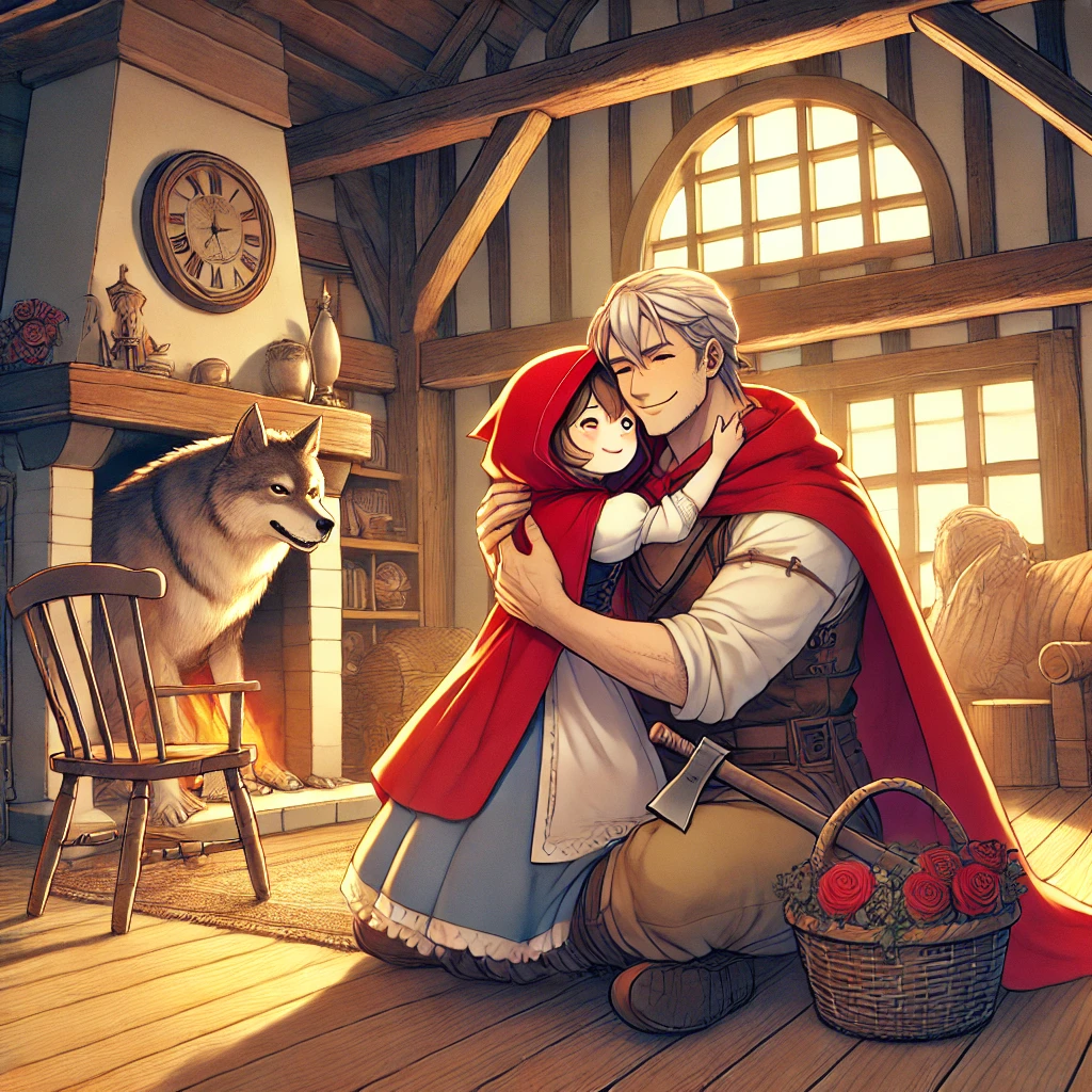 DALL·E-2024-11-21-03.30.00-A-heartwarming-and-triumphant-scene-inspired-by-the-Brothers-Grimms-version-of-Little-Red-Riding-Hood-illustrated-in-a-Japanese-anime-style-aimed-at 赤ずきんの変遷：恐怖から教訓、そして冒険へ…あなたの知る赤ずきんちゃんはどれ？