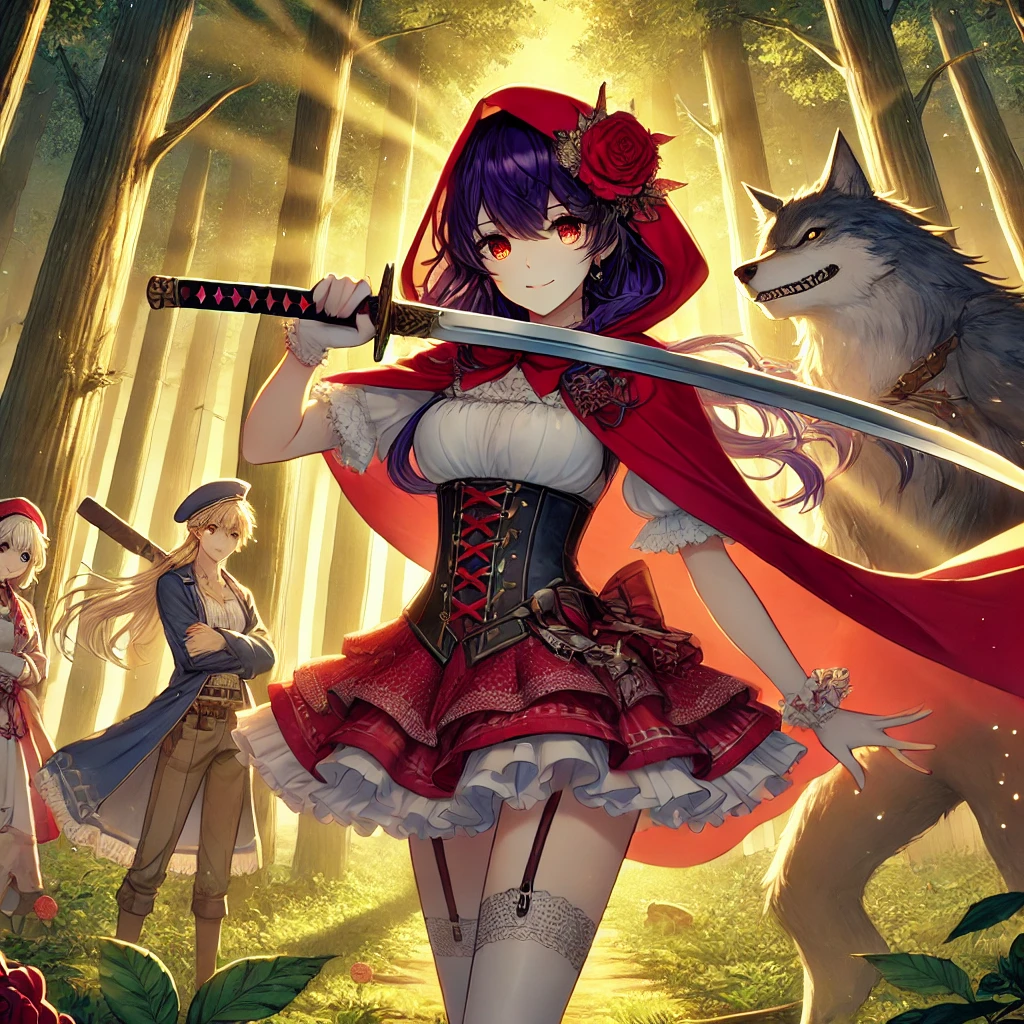 DALL·E-2024-11-21-03.39.06-A-dramatic-and-empowering-scene-inspired-by-Little-Red-Riding-Hood-depicted-in-a-Japanese-anime-style-aimed-at-adults.-Little-Red-Riding-Hood-wearin 赤ずきんの変遷：恐怖から教訓、そして冒険へ…あなたの知る赤ずきんちゃんはどれ？