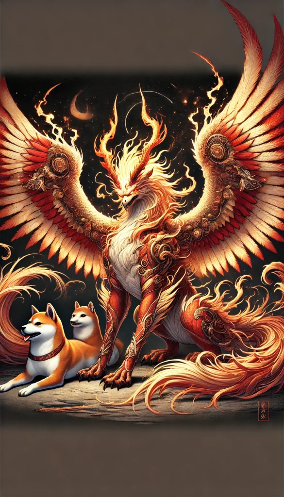 DALL·E-2024-11-22-04.04.55-A-full-body-illustration-of-Demon-Phoenix-from-the-Solomon-72-demons-depicted-as-a-majestic-and-powerful-figure-with-fiery-wings-and-glowing-eyes-ex-585x1024 ソロモン72柱の悪魔フェニックスWITH柴犬：脅威の再生力をもつ不死身の炎