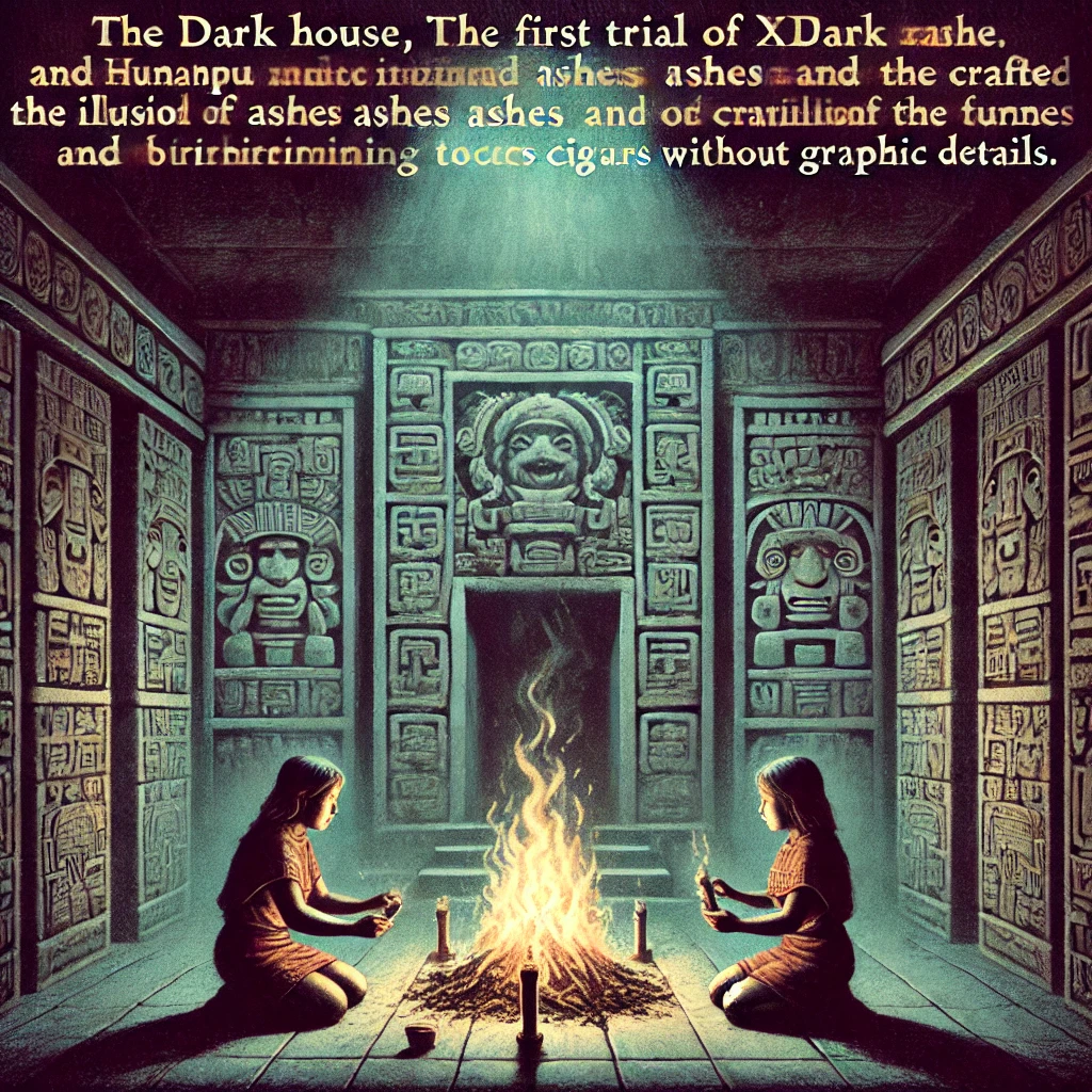 DALL·E-2024-11-22-21.17.31-An-illustration-depicting-the-Maya-twins-Hunahpu-and-Xbalanque-inside-the-Dark-House-the-first-trial-of-Xibalba.-The-room-is-enveloped-in-darkness マヤ神話⑤：フンアフプーとイシュバランケの冒険：マヤ神話が語る死と再生の物語