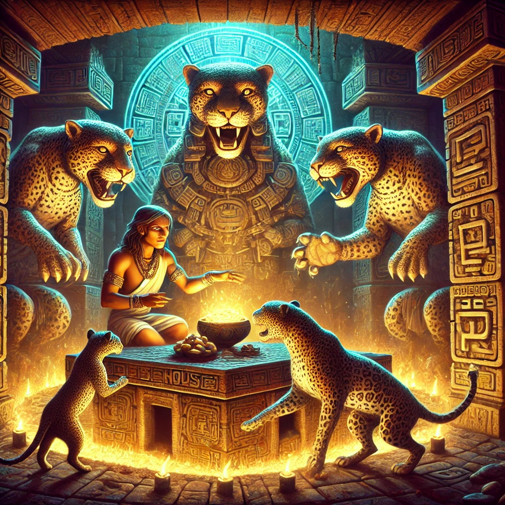 DALL·E-2024-11-22-21.18.46-An-illustration-depicting-the-Maya-twins-Hunahpu-and-Xbalanque-inside-the-Jaguar-House-a-trial-in-Xibalba.-The-scene-is-lit-with-an-intense-mystica マヤ神話⑤：フンアフプーとイシュバランケの冒険：マヤ神話が語る死と再生の物語