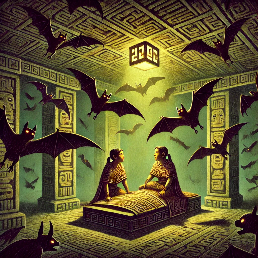 DALL·E-2024-11-22-21.19.19-An-illustration-depicting-the-Maya-twins-Hunahpu-and-Xbalanque-inside-the-Bat-House-the-final-trial-in-Xibalba.-The-room-is-dark-and-filled-with-sh マヤ神話⑤：フンアフプーとイシュバランケの冒険：マヤ神話が語る死と再生の物語