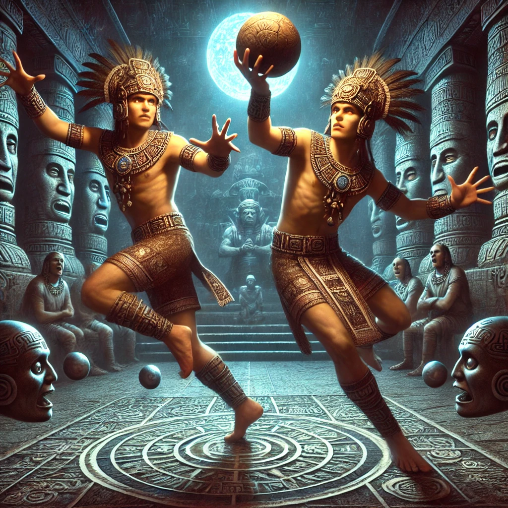 DALL·E-2024-11-22-21.29.24-A-dramatic-and-realistic-illustration-of-the-Maya-twins-Hunahpu-and-Xbalanque-dominating-the-ballgame-in-Xibalba-both-depicted-clearly-as-young-mal マヤ神話⑤：フンアフプーとイシュバランケの冒険：マヤ神話が語る死と再生の物語