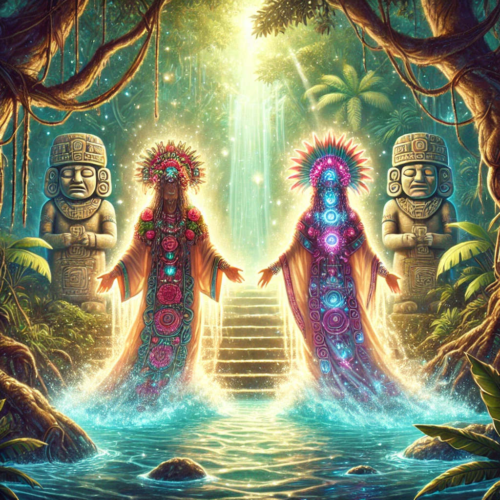 DALL·E-2024-11-22-21.34.52-An-illustration-depicting-the-Maya-twins-Hunahpu-and-Xbalanque-symbolically-resurrecting-by-emerging-from-a-serene-glowing-river.-The-scene-emphasi マヤ神話⑤：フンアフプーとイシュバランケの冒険：マヤ神話が語る死と再生の物語