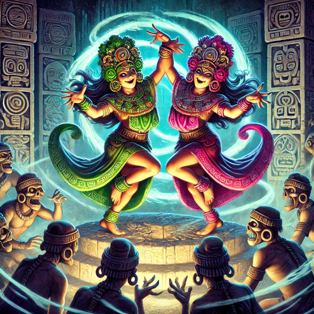 DALL·E-2024-11-22-21.37.07-An-illustration-of-the-Maya-twins-Hunahpu-and-Xbalanque-disguised-as-performers-in-the-underworld-of-Xibalba.-They-are-depicted-in-vibrant-and-mysti マヤ神話⑤：フンアフプーとイシュバランケの冒険：マヤ神話が語る死と再生の物語