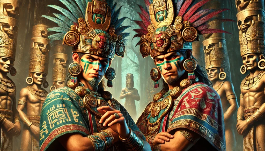 DALL·E-2024-11-23-02.40.13-A-highly-detailed-and-realistic-depiction-of-Hun-Batz-and-Hun-Chouen-the-elder-brothers-of-the-Maya-Hero-Twins-from-Maya-mythology.-They-appear-as-cu-1024x585 マヤ神話⑥：猿の兄弟：ホナタフとホナツの物語：フンアフプー達が猿に変えた兄達の後日談