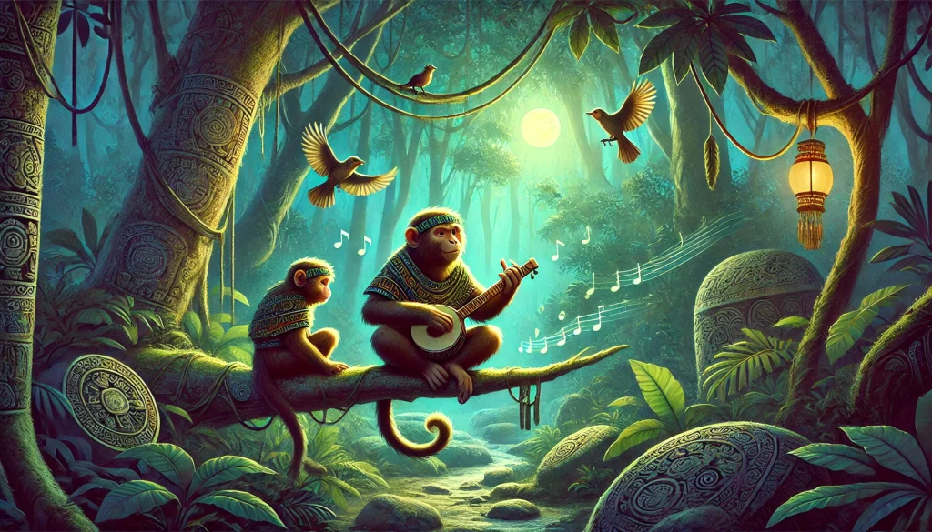 DALL·E-2024-11-23-02.48.37-A-serene-and-mystical-illustration-from-Maya-mythology-depicting-Hun-Batz-and-Hun-Chouen-now-transformed-into-monkeys-discovering-music-in-the-fore-1024x585 マヤ神話⑥：猿の兄弟：ホナタフとホナツの物語：フンアフプー達が猿に変えた兄達の後日談