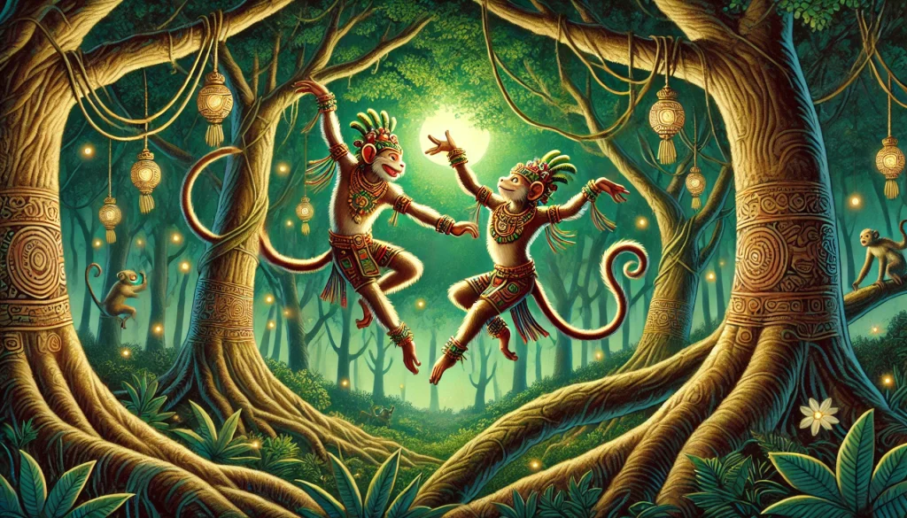 DALL·E-2024-11-23-02.49.58-A-vibrant-and-mystical-illustration-from-Maya-mythology-depicting-Hun-Batz-and-Hun-Chouen-transformed-into-monkeys-dancing-gracefully-among-the-tree-1024x585 マヤ神話⑥：猿の兄弟：ホナタフとホナツの物語：フンアフプー達が猿に変えた兄達の後日談