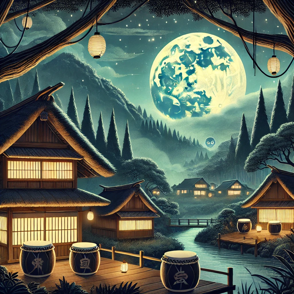 DALL·E-2024-11-24-00.21.37-Illustration-for-a-Japanese-folktale-about-狸囃子-Tanuki-Bayashi.-Section-1_-A-peaceful-Japanese-village-at-night-under-a-full-moon.-The-scene-shows- 狸囃子（たぬきばやし）不思議で楽しい日本の伝承