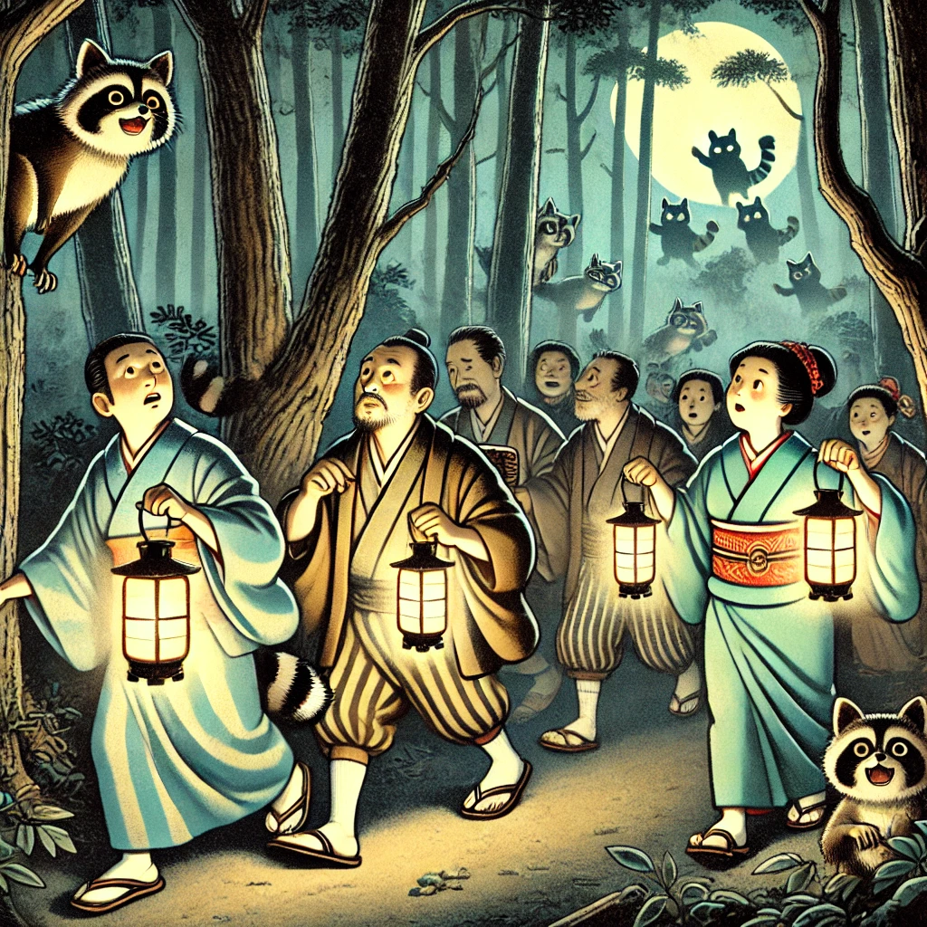 DALL·E-2024-11-24-00.22.13-Illustration-for-a-Japanese-folktale-about-狸囃子-Tanuki-Bayashi.-Section-2-adjusted_-Adult-villagers-with-lanterns-chase-the-mysterious-drum-sound 狸囃子（たぬきばやし）不思議で楽しい日本の伝承