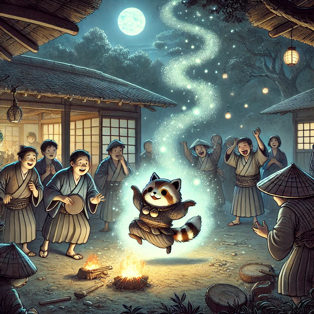 DALL·E-2024-11-24-00.24.43-Illustration-for-a-Japanese-folktale-about-狸囃子-Tanuki-Bayashi.-Section-4_-As-the-villagers-step-out-of-hiding-to-confront-the-tanuki-the-scene-be 狸囃子（たぬきばやし）不思議で楽しい日本の伝承