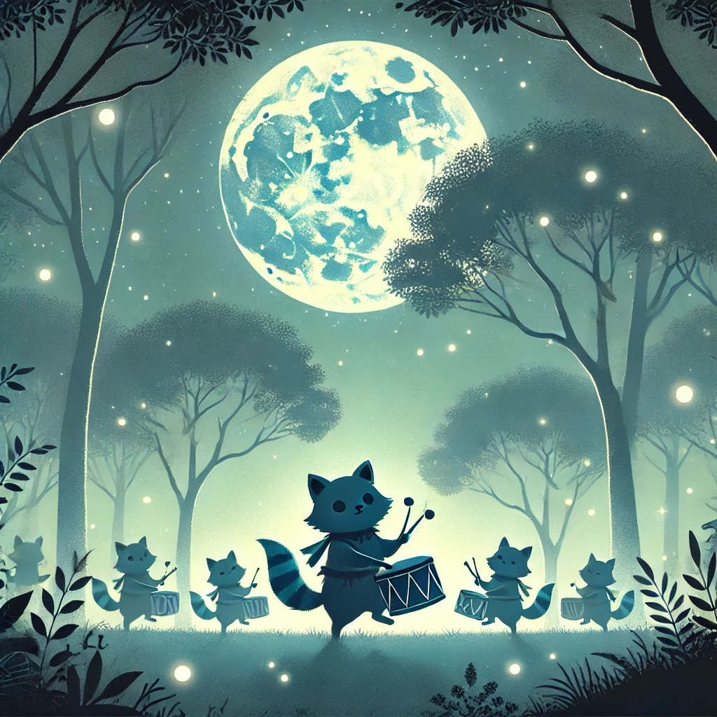 DALL·E-2024-11-24-00.35.09-Illustration-for-a-Japanese-folktale-about-狸囃子-Tanuki-Bayashi.-A-mystical-scene-under-a-full-moon-in-a-serene-forest.-The-setting-shows-faint-silh 狸囃子（たぬきばやし）不思議で楽しい日本の伝承