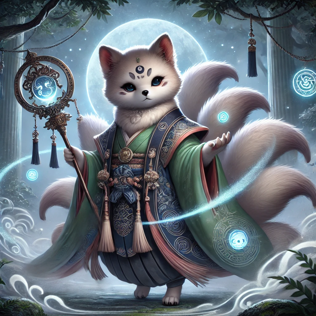 DALL·E-2024-11-24-00.59.55-A-mystical-and-commanding-depiction-of-Inugami-Gyobu-犬神刑部-as-an-Onmyoji-陰陽師-from-Japanese-folklore-with-tanuki-features.-The-tanuki-is-anthropomo 阿波狸合戦とは？徳島に伝わる狸たちの熱き戦い