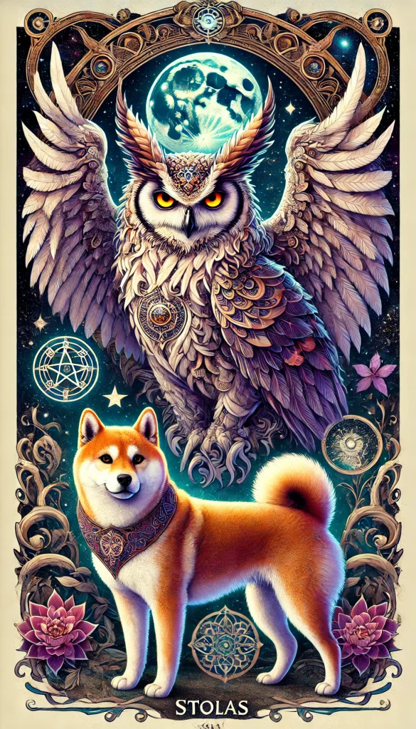 DALL·E-2024-11-24-22.37.09-A-full-body-illustration-of-Demon-Stolas-depicted-in-the-form-of-a-majestic-owl-with-glowing-eyes-and-intricate-feathers-exuding-an-aura-of-wisdom-a-585x1024 ソロモン72柱の悪魔ストラスWITH柴犬 – 天文学や星座に関する知識の悪魔