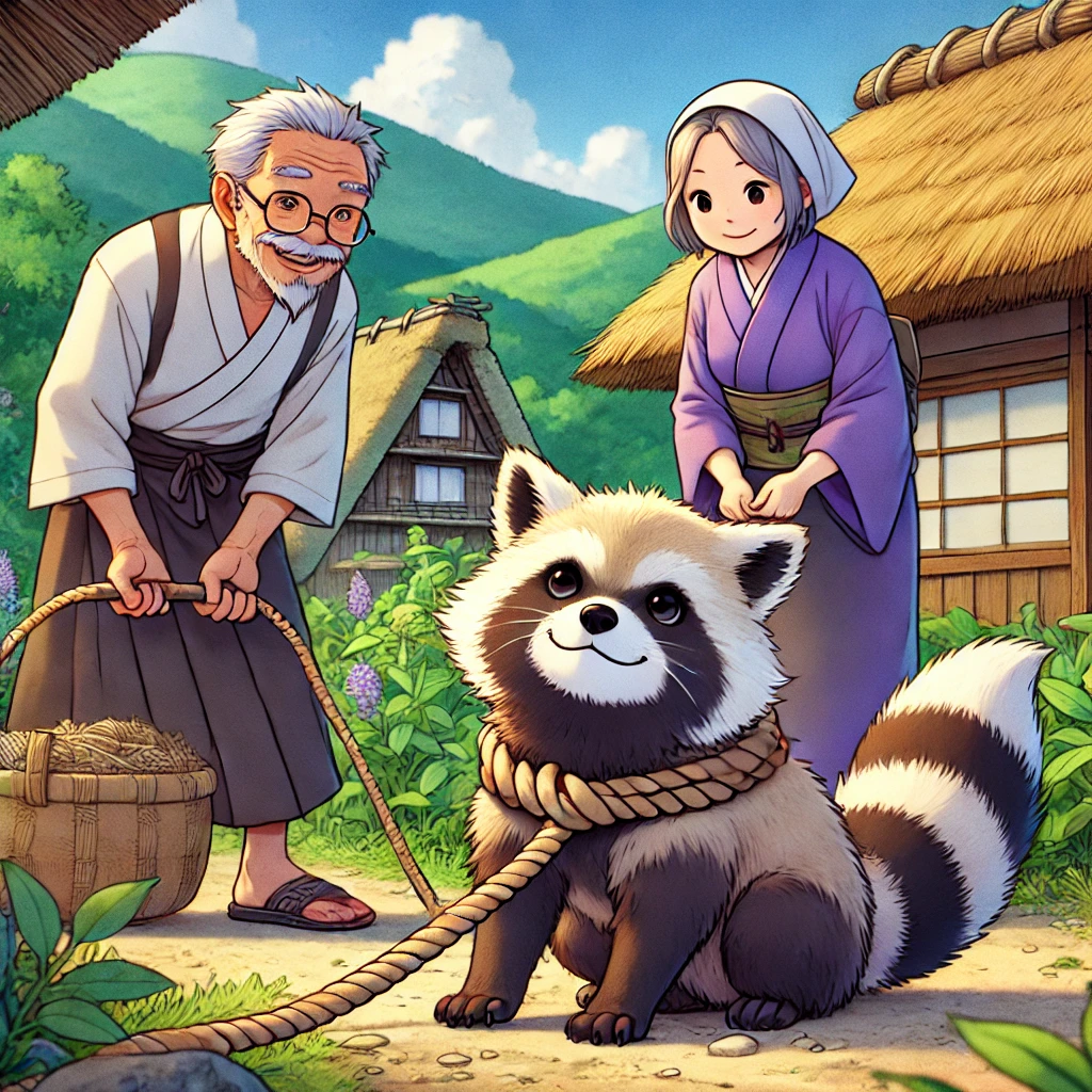 DALL·E-2024-11-27-03.31.20-An-anime-style-illustration-aimed-at-adults-depicting-a-traditional-Japanese-folktale-scene.-A-kind-elderly-man-and-woman-in-a-rustic-mountain-villag カチカチ山：AIの生成限界に挑んだ結果：正義と復讐の境界線！