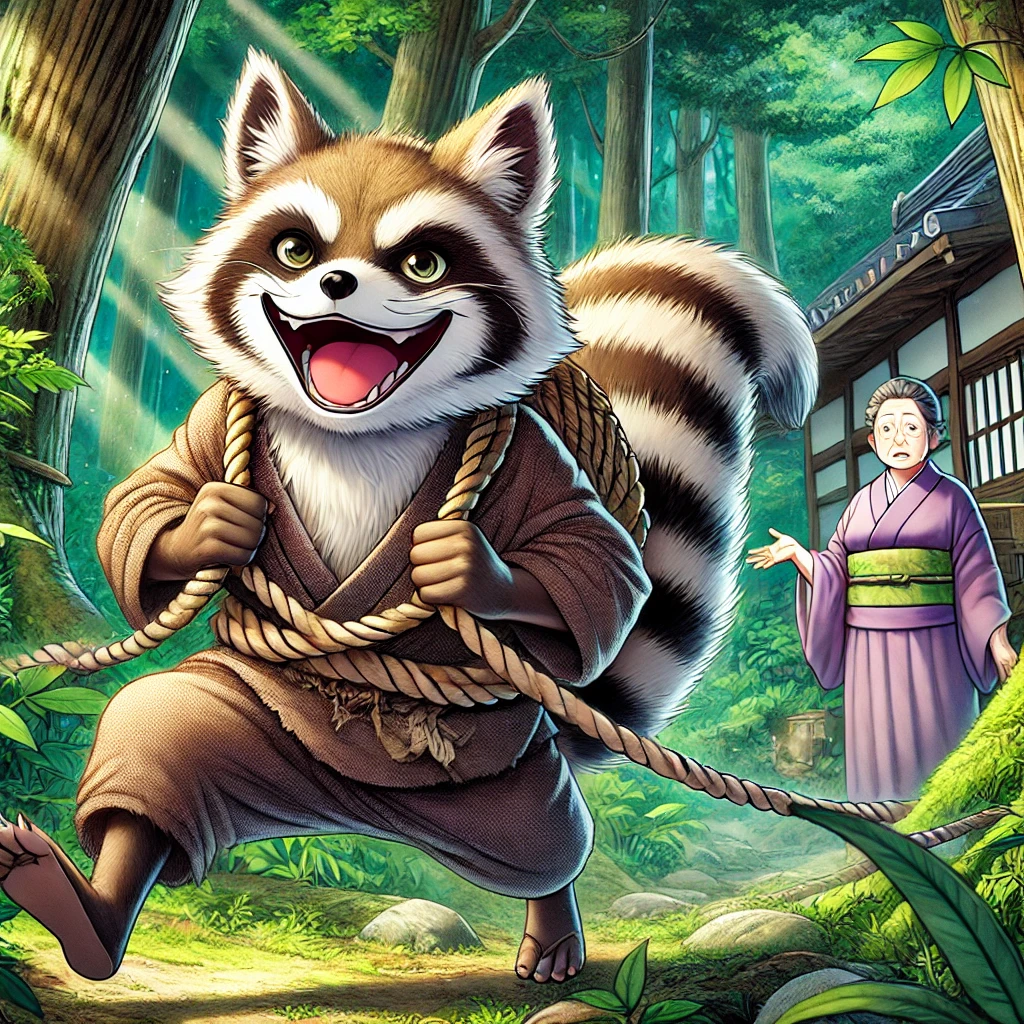 DALL·E-2024-11-27-03.31.41-An-anime-style-illustration-aimed-at-adults-depicting-a-dramatic-scene-from-a-Japanese-folktale.-A-cunning-tanuki-Japanese-raccoon-dog-has-escaped- カチカチ山：AIの生成限界に挑んだ結果：正義と復讐の境界線！