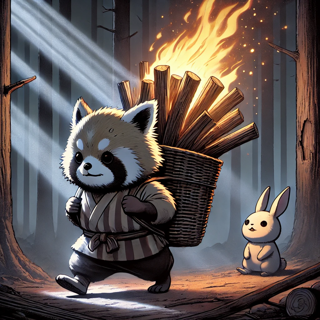 DALL·E-2024-11-27-03.32.50-A-serious-anime-style-illustration-aimed-at-adults-depicting-a-tense-moment-from-a-Japanese-folktale.-A-mischievous-and-fluffy-tanuki-Japanese-racco カチカチ山：AIの生成限界に挑んだ結果：正義と復讐の境界線！