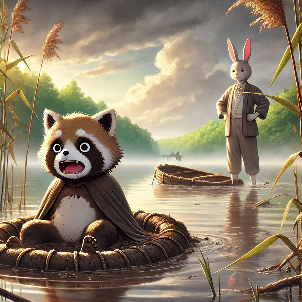 DALL·E-2024-11-27-03.33.19-A-dramatic-anime-style-illustration-aimed-at-adults-depicting-a-key-scene-from-a-Japanese-folktale.-A-mischievous-tanuki-Japanese-raccoon-dog-is-si カチカチ山：AIの生成限界に挑んだ結果：正義と復讐の境界線！