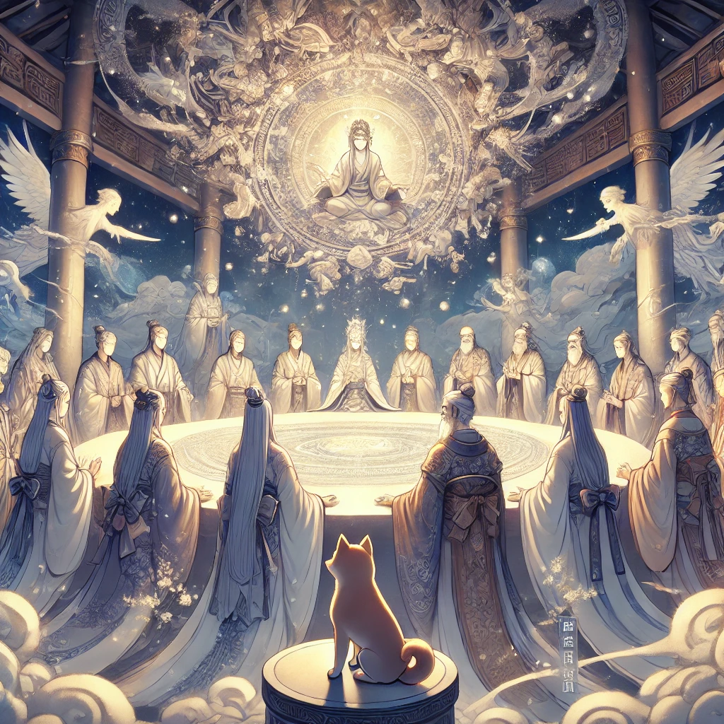 DALL·E-2024-11-29-01.29.32-A-mystical-Japanese-anime-style-illustration-depicting-the-celestial-realm-of-Takamagahara-高天原-with-a-council-of-gods-gathered-in-a-divine-meeting.- 高天原における神々の評議｜日本神話でイザナギとイザナミが選ばれた瞬間を解説WITH柴犬