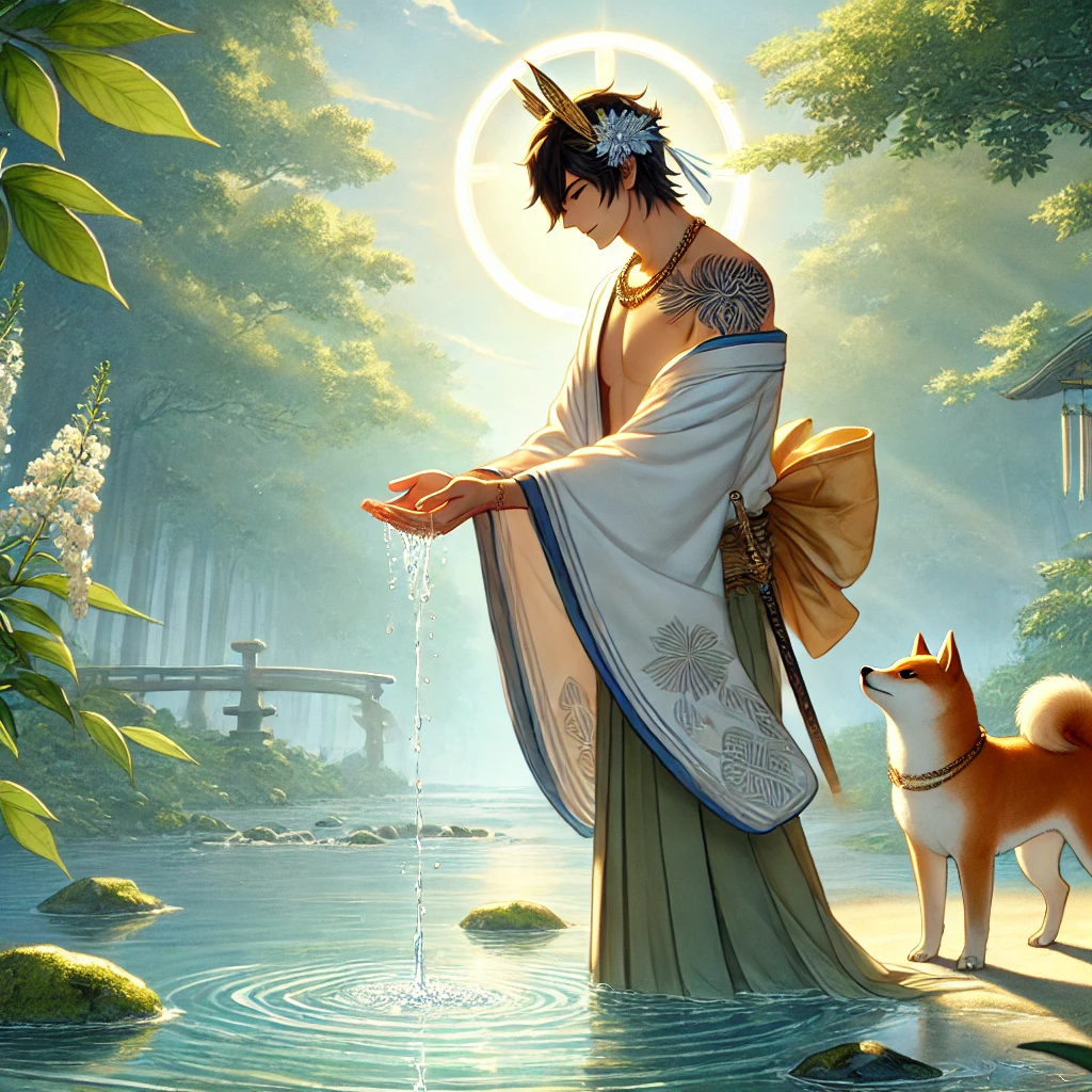 DALL·E-2024-12-01-03.19.40-A-serene-Japanese-anime-style-illustration-depicting-Izanagi-伊邪那岐-a-strong-and-noble-male-deity-standing-in-a-tranquil-river-as-he-performs-the-pu 日本神話4：禊ぎの儀式｜イザナギが穢れを祓い新たな神々を生む物語WITH柴犬