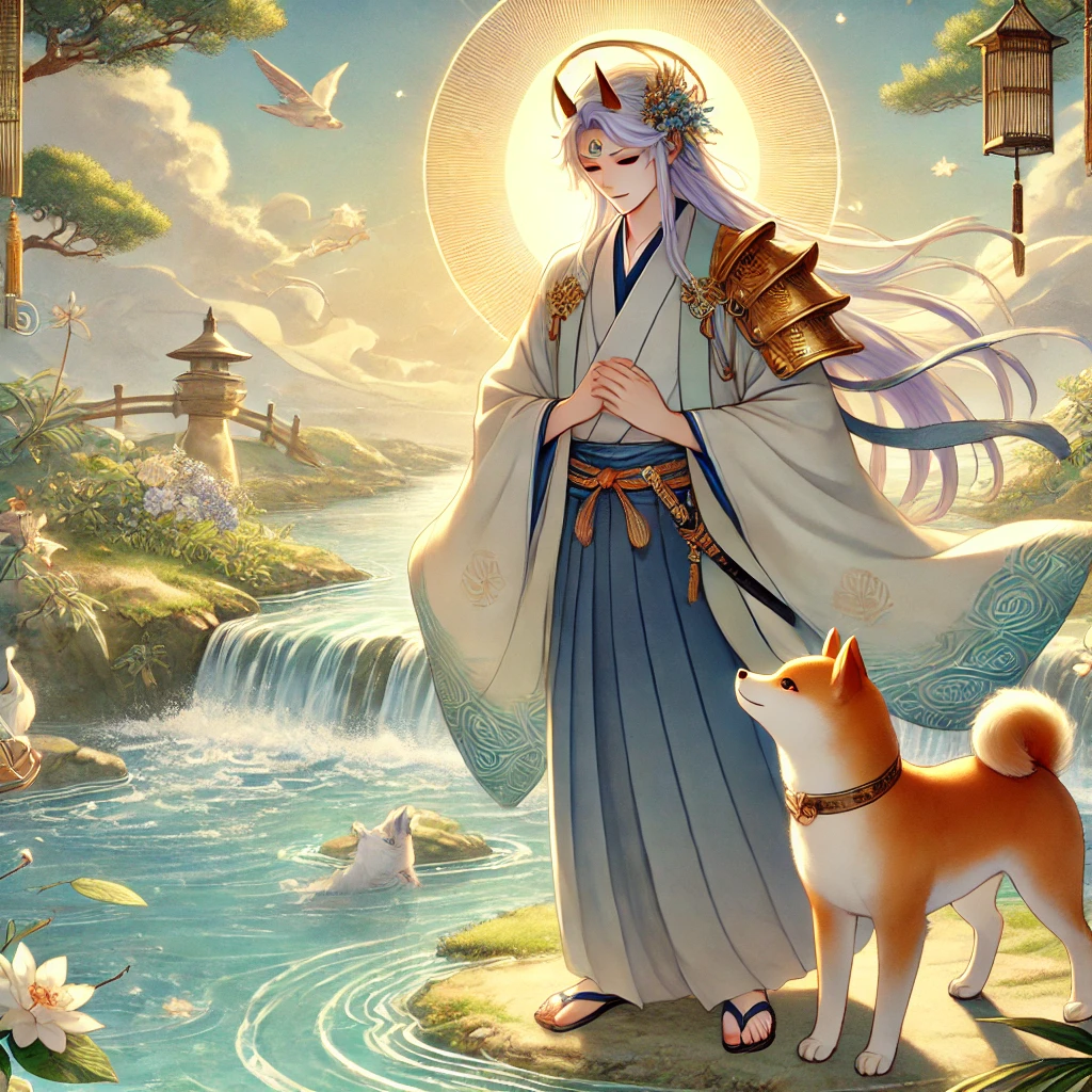 DALL·E-2024-12-01-03.24.18-A-serene-Japanese-anime-style-illustration-depicting-Izanagi-伊邪那岐-a-noble-male-deity-standing-beside-a-flowing-river-after-completing-the-purifica 日本神話4：禊ぎの儀式｜イザナギが穢れを祓い新たな神々を生む物語WITH柴犬