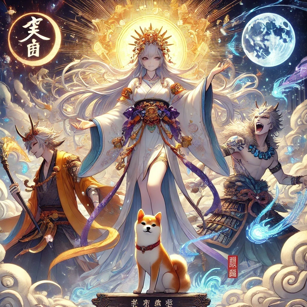 DALL·E-2024-12-01-21.29.58-A-refined-and-mystical-Japanese-anime-style-illustration-depicting-Amaterasu-天照大御神-the-radiant-sun-goddess-standing-majestically-in-the-heavens-of 日本神話5：天照大御神と須佐之男命の物語｜天岩戸伝説の始まりWITH柴犬