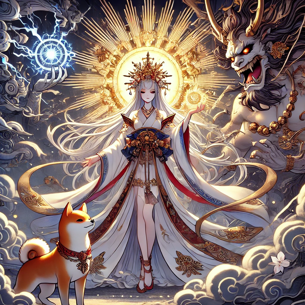 DALL·E-2024-12-01-21.41.30-A-refined-Japanese-anime-style-illustration-depicting-Amaterasu-天照大御神-the-radiant-sun-goddess-standing-with-divine-authority-as-she-prepares-to-co 日本神話5：天照大御神と須佐之男命の物語｜天岩戸伝説の始まりWITH柴犬