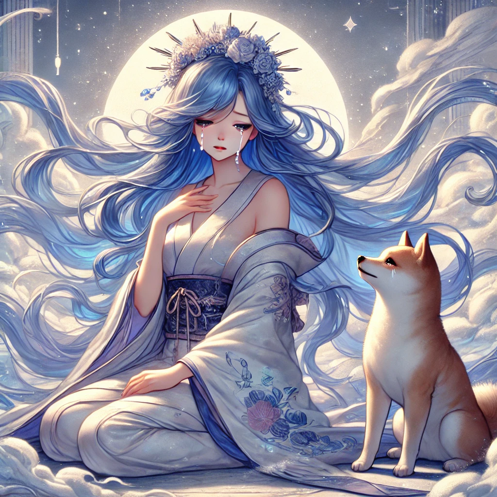 DALL·E-2024-12-01-21.47.06-A-poignant-Japanese-anime-style-illustration-featuring-Amaterasu-天照大御神-with-flowing-blue-hair-sitting-sorrowfully-with-tears-in-her-eyes.-Her-divin 日本神話5：天照大御神と須佐之男命の物語｜天岩戸伝説の始まりWITH柴犬