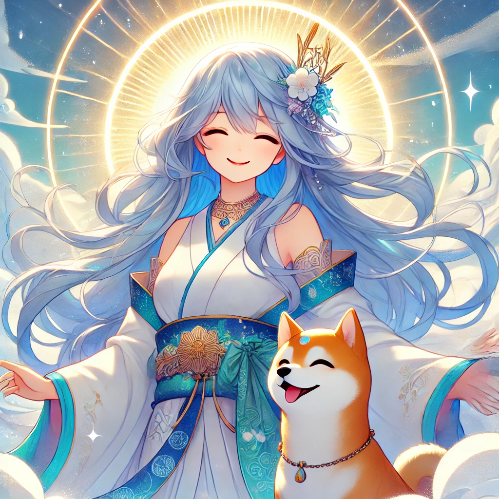 DALL·E-2024-12-01-21.49.29-A-radiant-Japanese-anime-style-illustration-featuring-Amaterasu-天照大御神-with-flowing-blue-hair-smiling-serenely-with-a-divine-and-comforting-aura.-Sh 日本神話5：天照大御神と須佐之男命の物語｜天岩戸伝説の始まりWITH柴犬