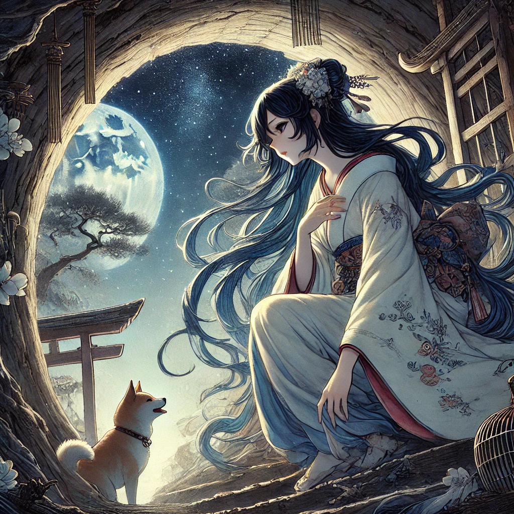 DALL·E-2024-12-01-21.50.59-A-poignant-Japanese-anime-style-illustration-depicting-Amaterasu-天照大御神-retreating-into-the-celestial-cave-Ama-no-Iwato-天岩戸-symbolizing-her-withdr 日本神話5：天照大御神と須佐之男命の物語｜天岩戸伝説の始まりWITH柴犬