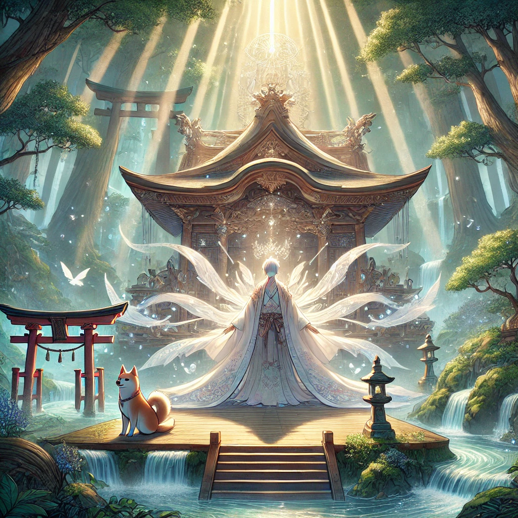 DALL·E-2024-12-02-04.46.32-A-mystical-Japanese-anime-style-illustration-featuring-Izanagi-伊邪那岐-standing-gracefully-in-front-of-the-serene-and-sacred-Kakurimiya-幽宮-his-divin 日本神話5：天照大御神と須佐之男命の物語｜天岩戸伝説の始まりWITH柴犬