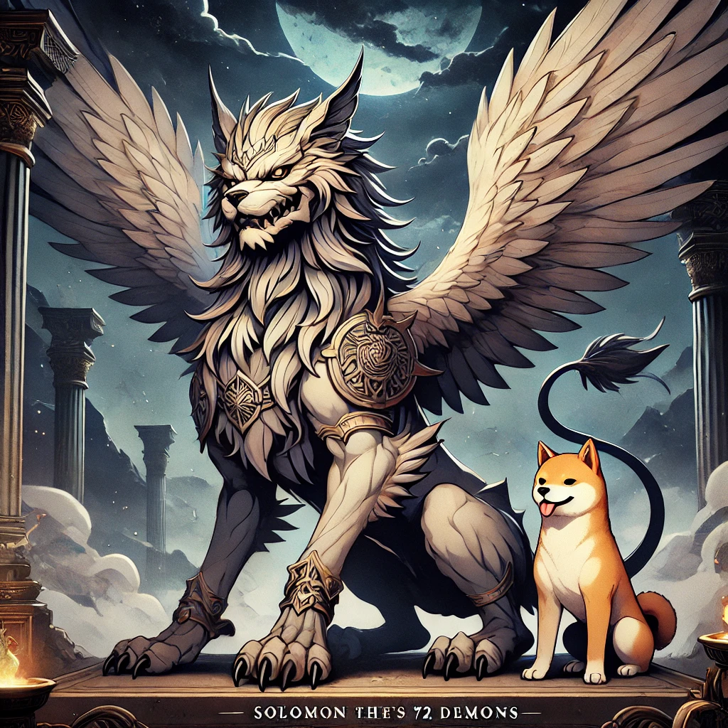 DALL·E-2024-12-02-20.23.26-An-anime-style-illustration-of-Glasya-Labolas-one-of-Solomons-72-demons-depicted-as-a-griffin-like-creature-with-a-dogs-head-wings-and-a-majesti ソロモン72柱の悪魔グラシャラボラスWITH柴犬：怒りと知識の二面性を持つ悪魔