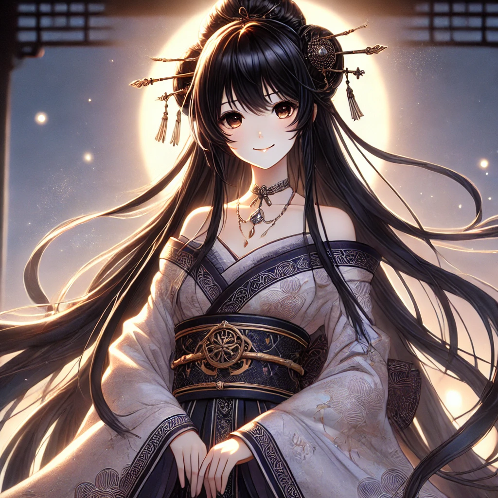 DALL·E-2024-12-05-03.28.37-A-detailed-Japanese-anime-style-illustration-of-Suserihime-a-beautiful-goddess-standing-gracefully.-She-has-long-flowing-black-hair-that-shines-lik 日本神話8：オオクニヌシとスセリビメの試練と愛WITH柴犬：出雲神話が語る勇気と知恵の物語