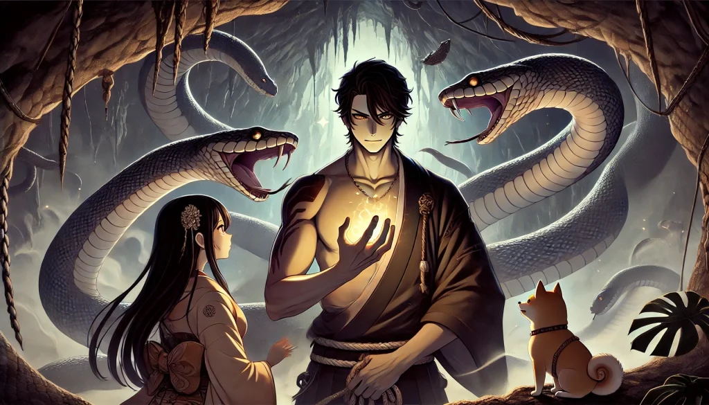 DALL·E-2024-12-05-03.38.26-A-Japanese-anime-style-illustration-depicting-a-mature-and-confident-adult-Okuninushi-facing-venomous-snakes-inside-a-dark-ominous-cave.-He-stands-de-1024x585 日本神話8：オオクニヌシとスセリビメの試練と愛WITH柴犬：出雲神話が語る勇気と知恵の物語