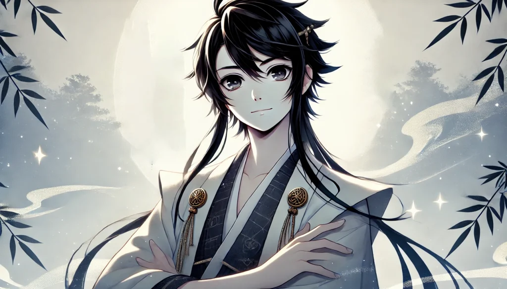 DALL·E-2024-12-06-21.55.41-A-Japanese-anime-style-illustration-featuring-Okuninushi-a-youthful-and-confident-god-with-black-hair-standing-in-a-dignified-pose-radiating-a-sens-1024x585 日本神話9：オオクニヌシとスクナビコナの国造り、そして国譲りの物語