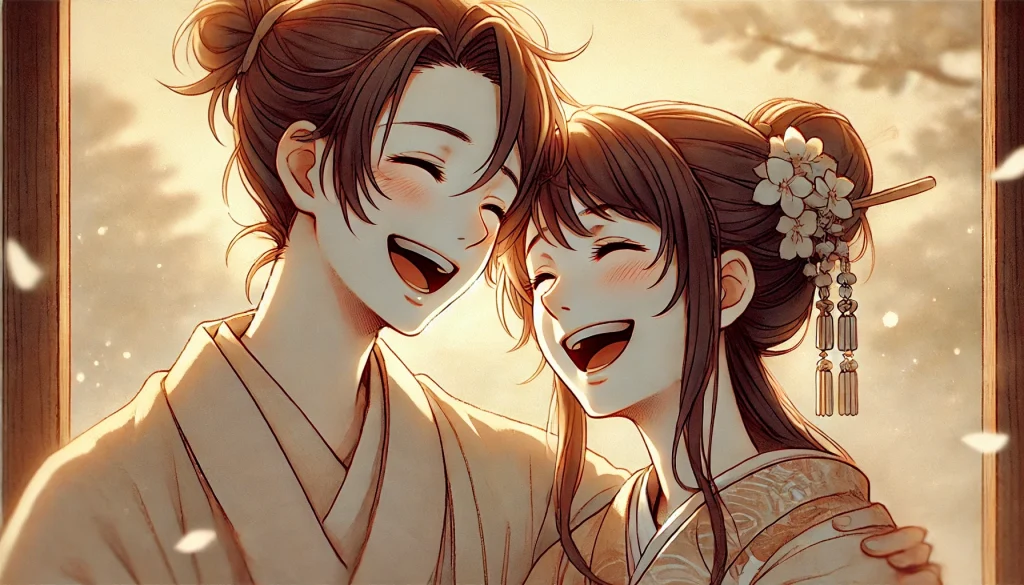 DALL·E-2024-12-06-22.06.33-A-Japanese-anime-style-illustration-focusing-on-the-joyful-expressions-of-Okuninushi-and-Suserihime-as-they-share-a-moment-of-laughter.-Their-faces-a-1024x585 日本神話9：オオクニヌシとスクナビコナの国造り、そして国譲りの物語