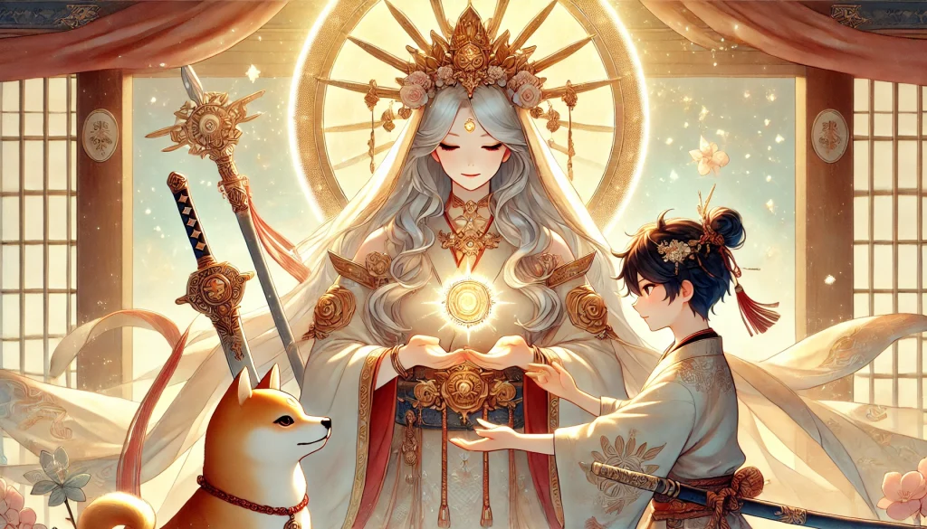 DALL·E-2024-12-07-01.04.00-A-Japanese-anime-style-illustration-focusing-on-Amaterasu-the-sun-goddess-as-she-solemnly-presents-the-three-sacred-treasures-the-mirror-the-sword-1024x585 日本神話11:天孫降臨：神話に描かれた地上統治の始まりWITH柴犬